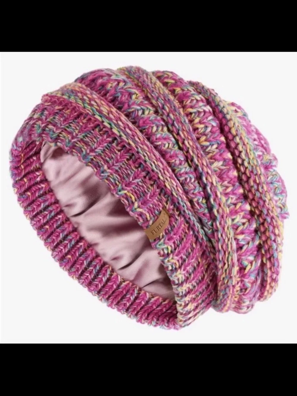 Pink Knit Slouchy Beanie with Satin Lining
